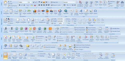 A picture of an assortment of panels from the ribbon interface used in Office 2007